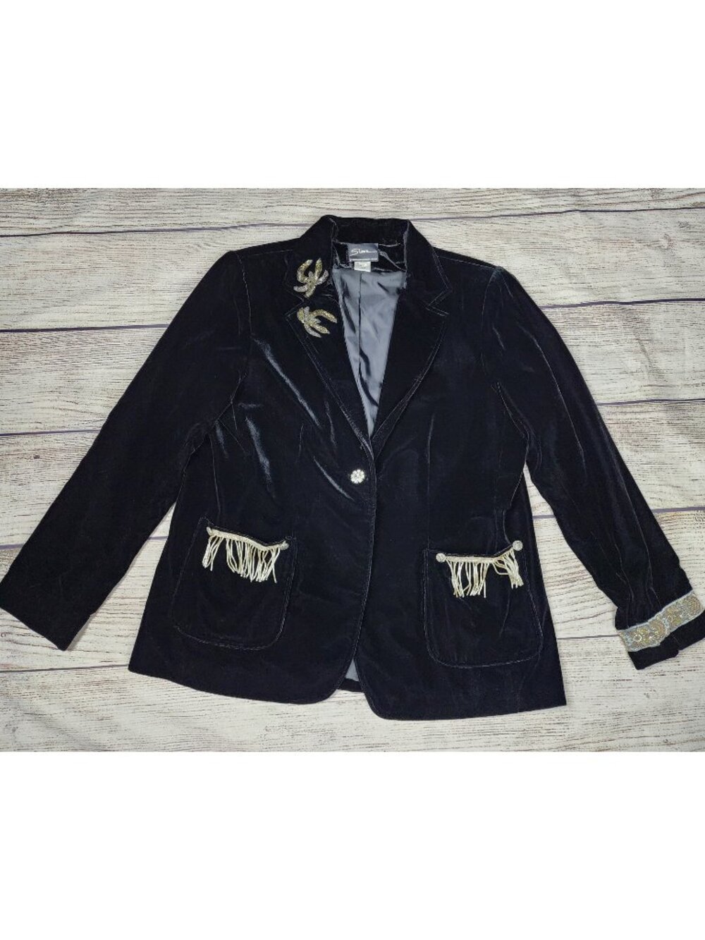 Vintage Slicks by Marianne Penzer-Slick Black Velvet Blazer Large Fringe Beaded